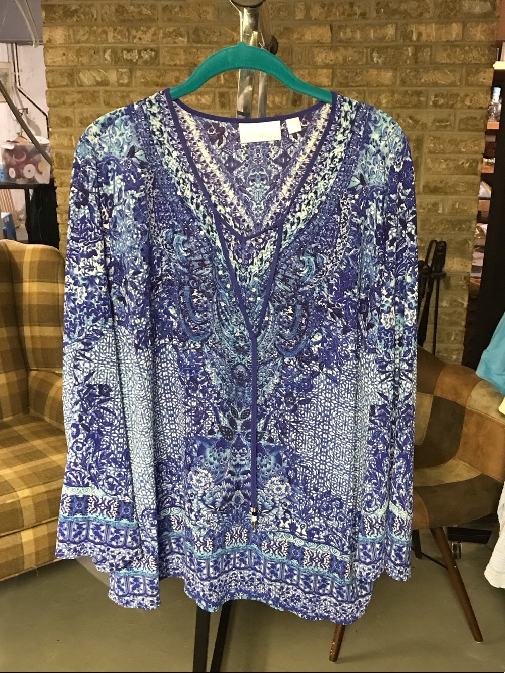 Belle by Kim Gravel Blue Printed V-Neck Tunic